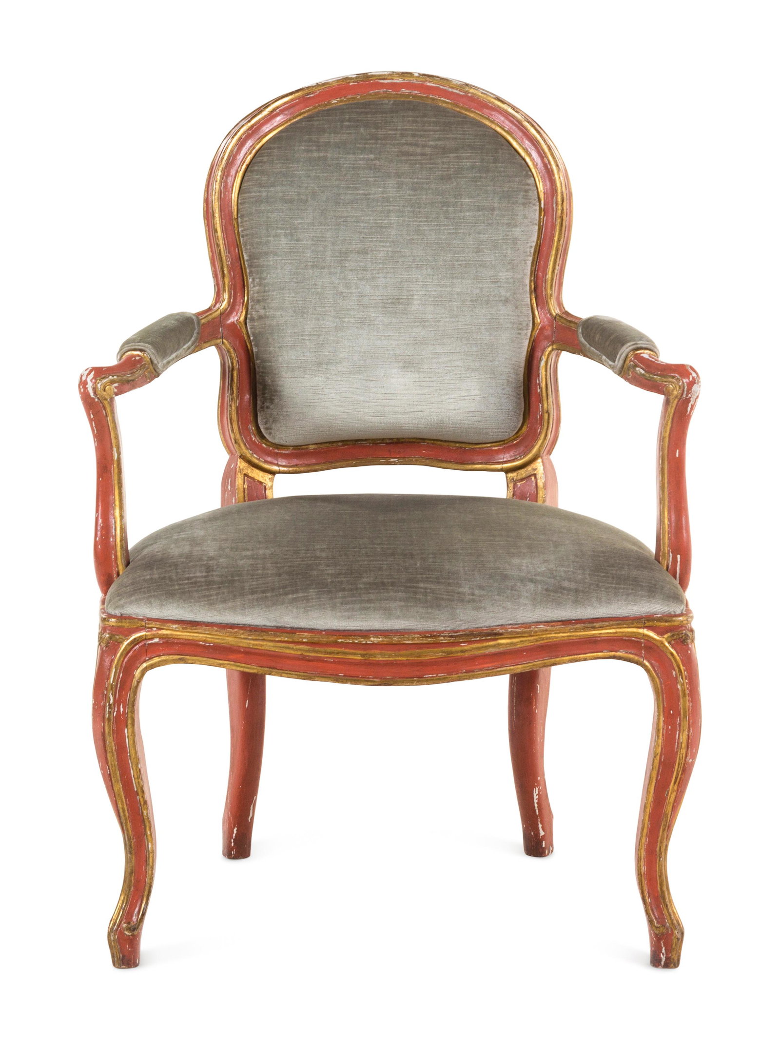 An Italian Painted and Parcel-Gilt Armchair: An Italian Painted and Parcel-Gilt Armchair Late 18th/Early 19th Century Height 35 1/4 inches. This lot is located in Chicago. Property from a Private Collection