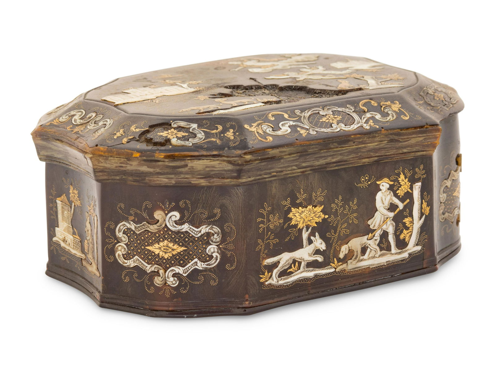 An Italian Gold and Mother of Pearl Inlaid Tortoiseshell Pique Snuff Box (1 of 4)