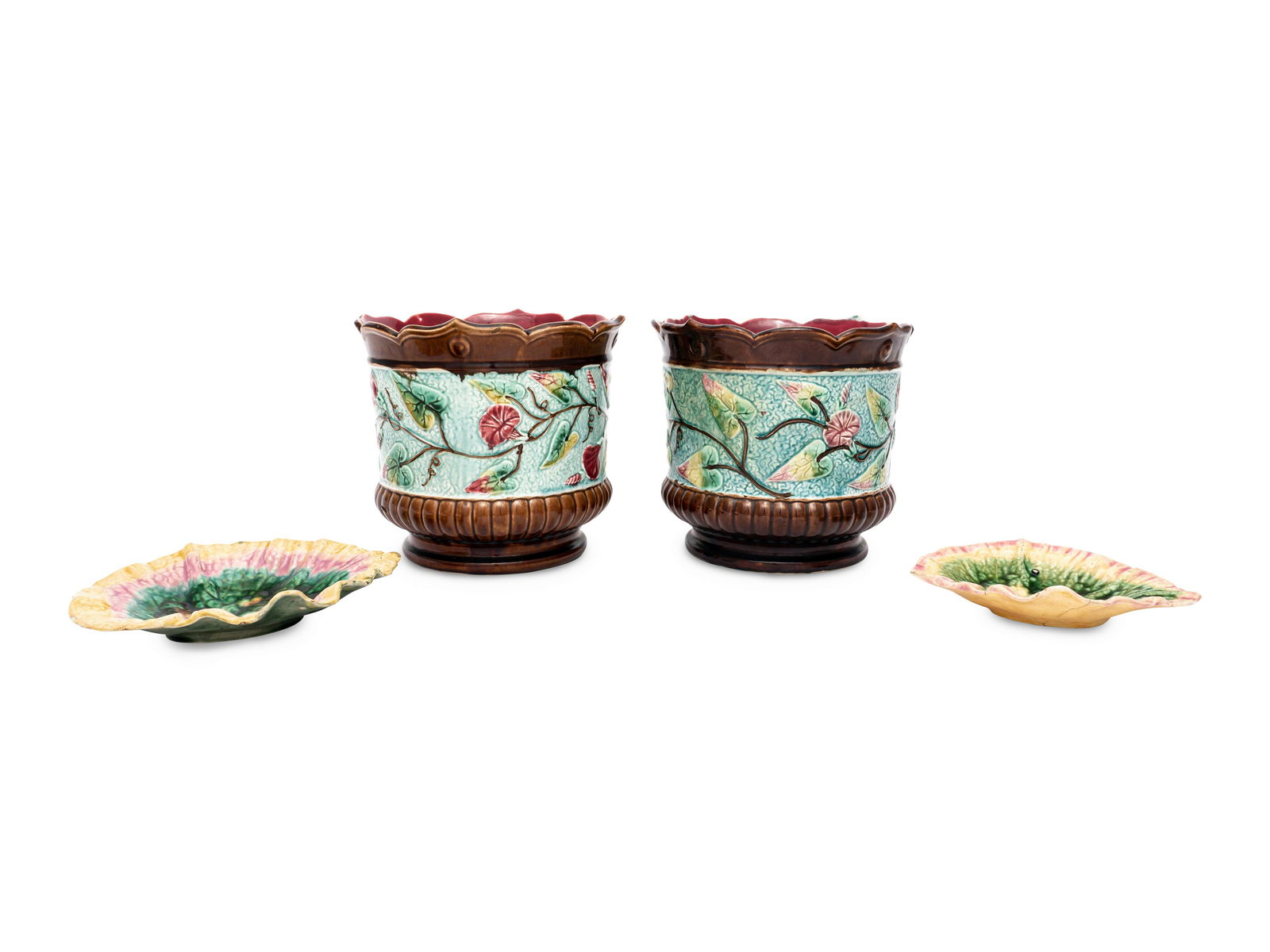 A Pair of Majolica Cache Pots and Two Majolica Leaf-Form Dishes (1 of 4)