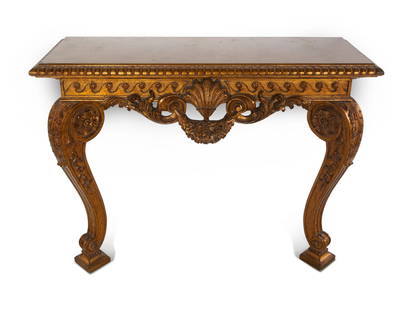 A George II Style Giltwood Console Table in the Manner of William Kent: A George II Style Giltwood Console Table in the Manner of William Kent 20th Century Height 35 1/2 x width 46 1/2 x depth 16 1/2 inches. This lot is located in Chicago. Property from the Estate of Eile