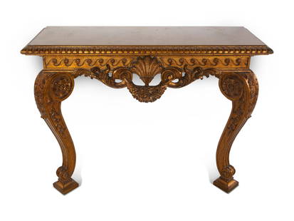 A George II Style Giltwood Console Table in the Manner of William Kent: A George II Style Giltwood Console Table in the Manner of William Kent 20th Century Height 35 1/2 x width 46 1/2 x depth 16 1/2 inches. This lot is located in Chicago. Property from the Estate of Eile