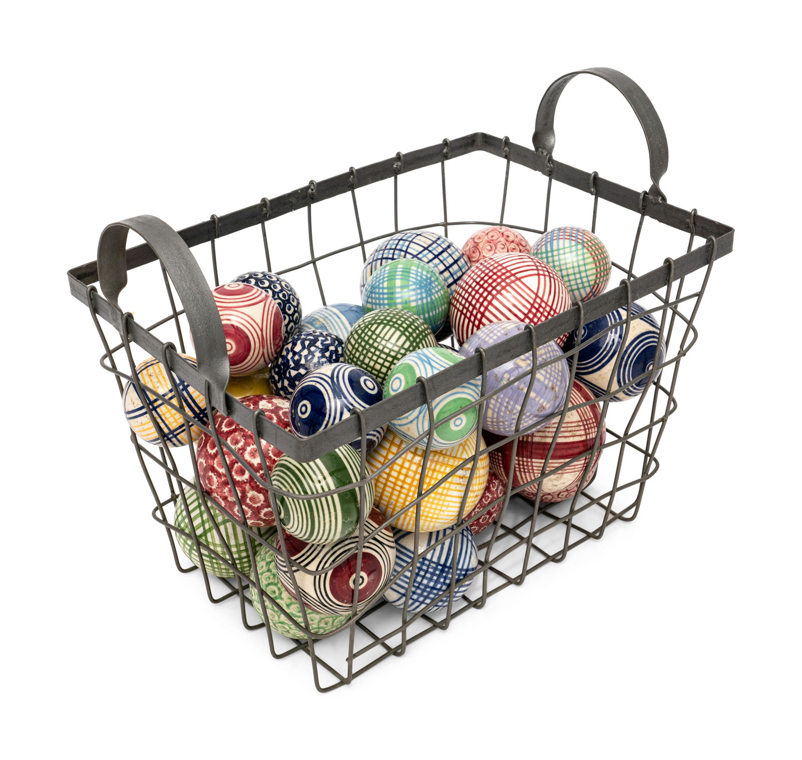 A Collection of English Polychrome Glazed Carpet Balls in a Wirework Basket (1 of 4)