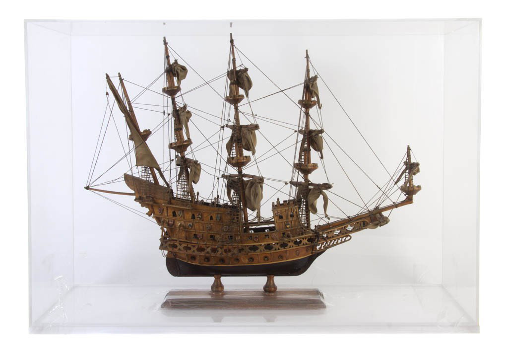 A Model of a Three Masted Ship, Width 27 inches.: A Model of a Three Masted Ship, cased. Width 27 inches. Property from the Jose Sanchez Trust, Chicago, Illinois