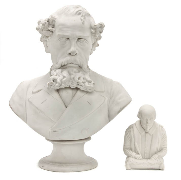 A Parian Ware Bust, William Wood Gallimore, Height : A Parian Ware Bust, William Wood Gallimore, depicting a bearded Charles Dickens, together with a smaller example depicting William Shakespeare. Height of taller 14 1/2 inches.