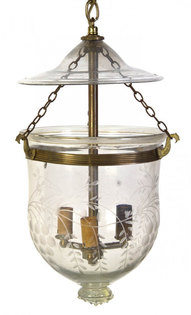 An Empire Style Gilt Metal Mounted Hanging Lantern: An Empire Style Gilt Metal Mounted Hanging Lantern, having an inverted bell form etched glass shade and three lighting elements, suspended from three chains with bird form mounts. Height 15 inches.