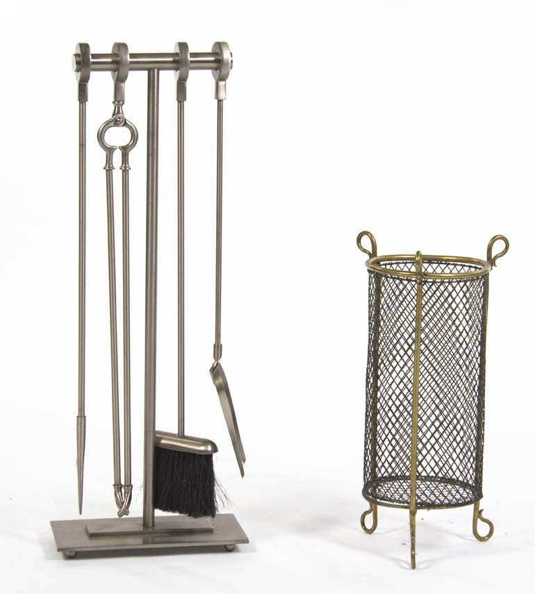 A Contemporary Steel Fireplace Tool Set, Height of: A Contemporary Steel Fireplace Tool Set, comprising a brush, scoop, tongs, poker and stand, together with a brass wire waste paper basket. Height of first overall 31 1/4 inches.