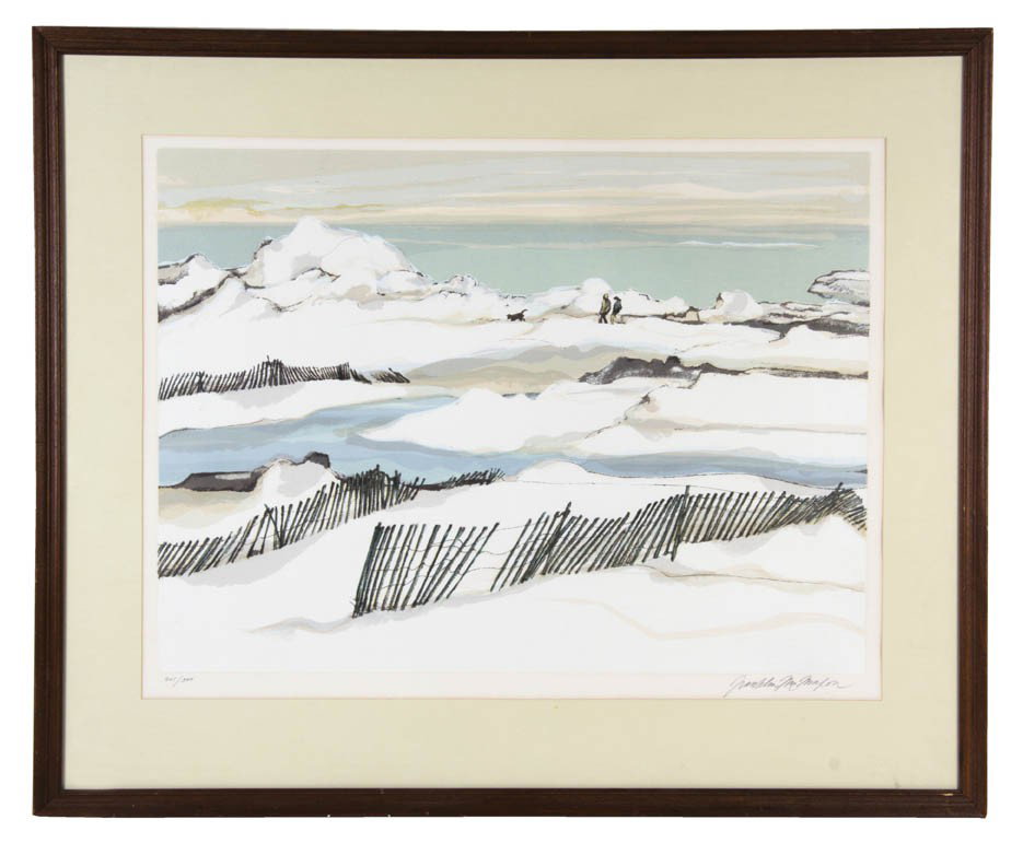 A Group of Five Decorative Works of Art, Height of: A Group of Five Decorative Works of Art, comprising a 1984 watercolor depicting irises by Cathleen Daly, a serigraph depicting figures in a winter landscape by Franklin McMahon, a color lithograph dep
