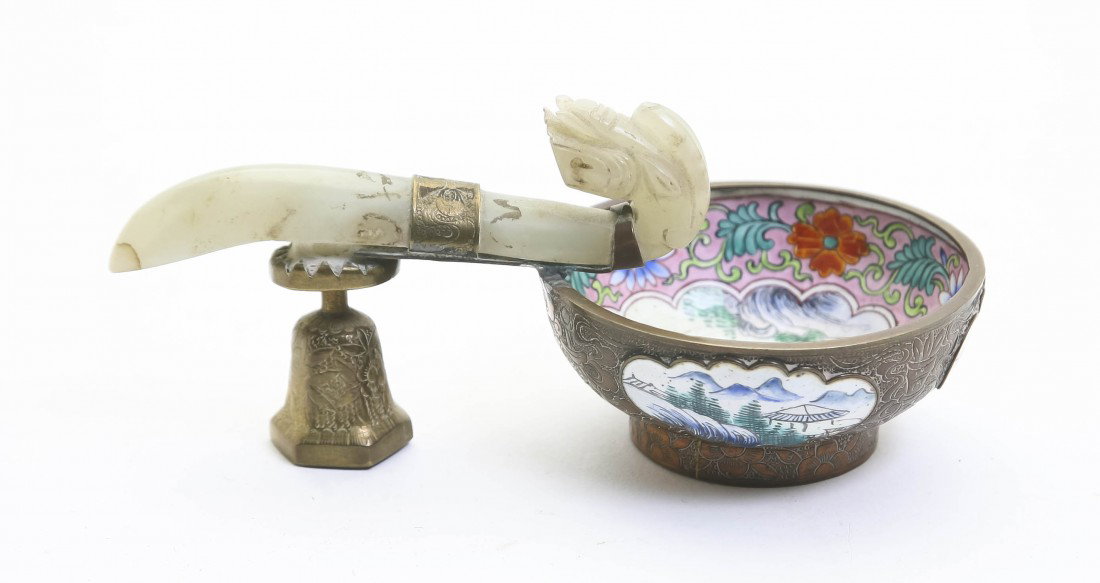 A Chinese Jade Belt Hook, Length 4 inches.: A Chinese Jade Belt Hook, mounted to a cloisonne bowl. Length 4 inches. Property from the Jose Sanchez Trust, Chicago, Illinois