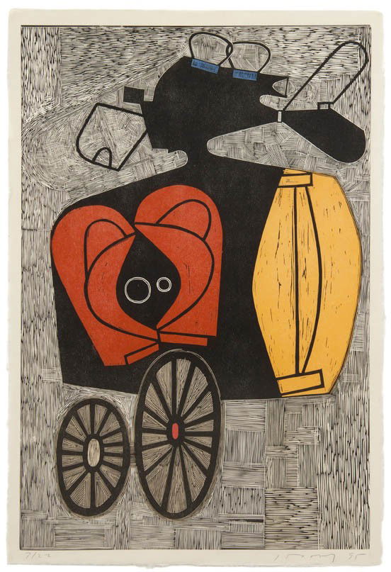 David Storey, (American, b. 1948), Double Diesel a: David Storey (American, b. 1948) Double Diesel and Prince of Pine, 1995 woodcut edition 7/22, signed D. Storey and dated (lower right) 36 x 24 inches each. Property fro