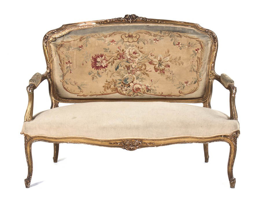 A Louis XV Giltwood Settee, Width 51 inches.: A Louis XV Giltwood Settee, having a foliate carved crest over the aubusson upholstered back, raised on foliate carved cabriole legs. Width 51 inches.