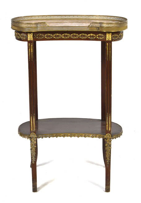 A Louis XVI Style Gilt Bronze Mounted Mahogany Sid: A Louis XVI Style Gilt Bronze Mounted Mahogany Side Table, having a reniform three-quarter gallery onyx top raised on fluted square supports over the medial shelf, set on slightly splayed legs. Height