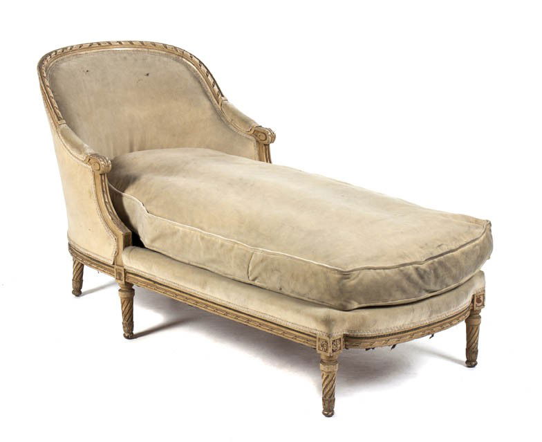 A Louis XVI Style Painted Chaise, Length 65 3/4 in: A Louis XVI Style Painted Chaise, the upholstered back, arms and seat set within leaf and rosette carved frames, raised on twist legs. Length 65 3/4 inches.