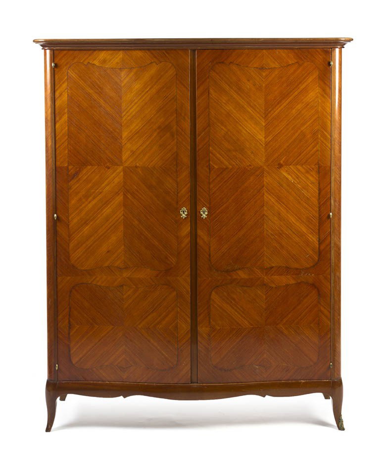 A Louis XVI Style Parquetry Decorated Armoire, Hei: A Louis XVI Style Parquetry Decorated Armoire, the molded cornice over two convex paneled doors, raised on tapering legs ending in sabots. Height 72 1/2 x width 57 x depth 20 3/4 inches.