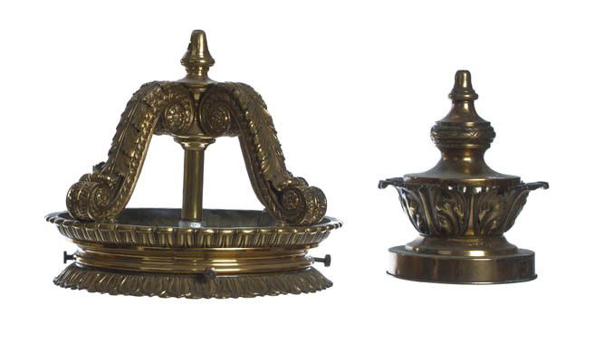 Two Neoclassical Gilt Metal Lighting Elements, Hei: Two Neoclassical Gilt Metal Lighting Elements, each cast with stylized leaf decoration. Height of taller 13 1/2 inches.