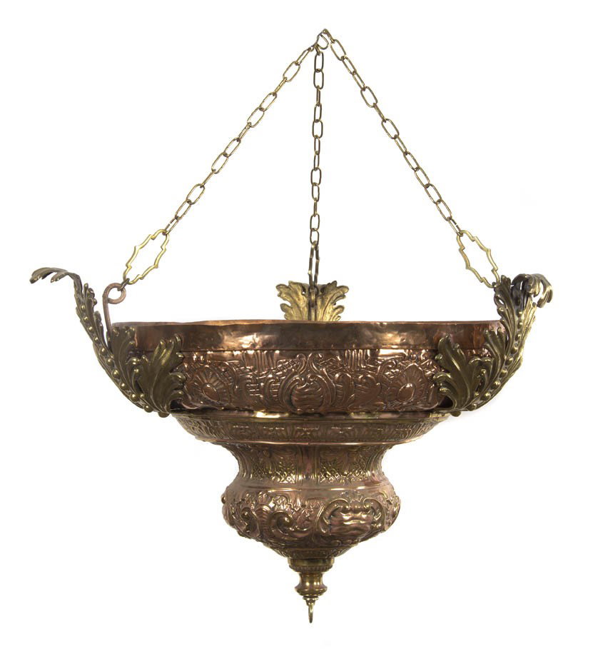 A Renaissance Revival Copper and Brass Fixture, He: A Renaissance Revival Copper and Brass Fixture, of inverted bell form, with repousse foliate decoration. Height 29 inches.