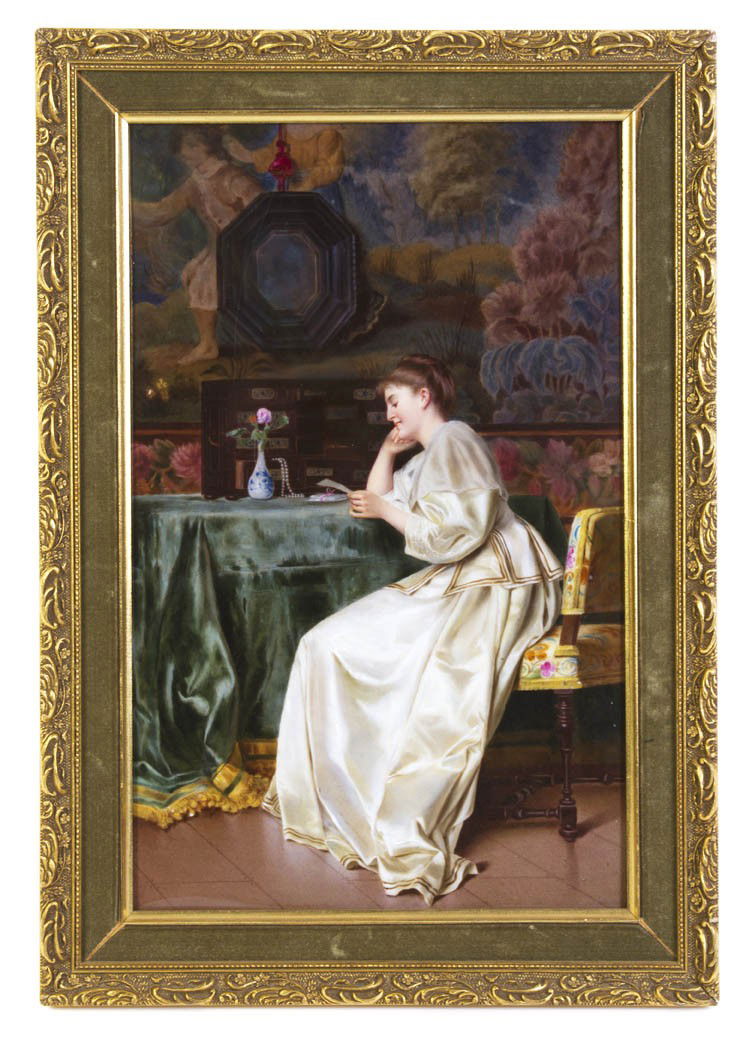 A Berlin (K.P.M.) Porcelain Plaque, L. Sturm, Heig: A Berlin (K.P.M.) Porcelain Plaque, L. Sturm, of rectangular form depicting a lady seated reading a letter in interior, having impressed scepter and KPM mark, further signed L. Sturm, Dresden, dated 1