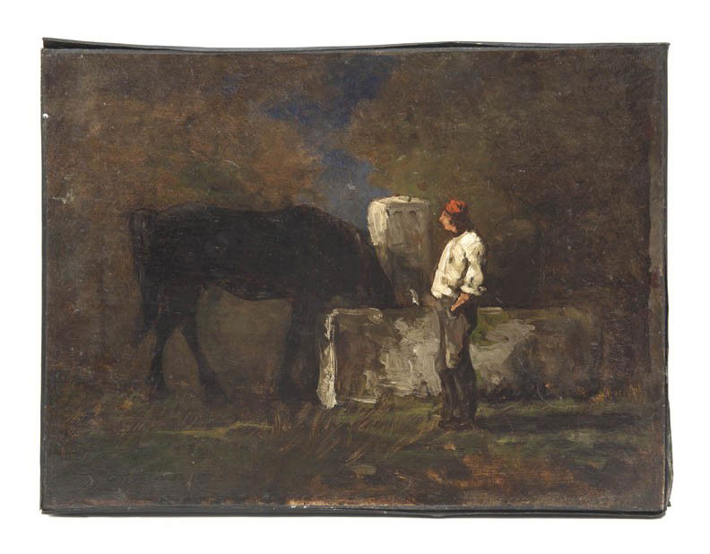 George Inness Jr., (American, 1853-1926), Watering: George Inness Jr. (American, 1853-1926) Watering Horse, 1875 oil on canvas signed G. Inness, Jr. and dated (lower left) 11 1/2 x 15 1/2 inches.