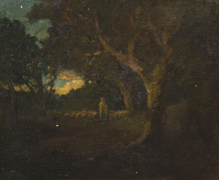 William Keith, (American, 1838-1911), Tending the: William Keith (American, 1838-1911) Tending the Flock oil on canvas signed W. Keith (lower left) 25 x 30 inches.