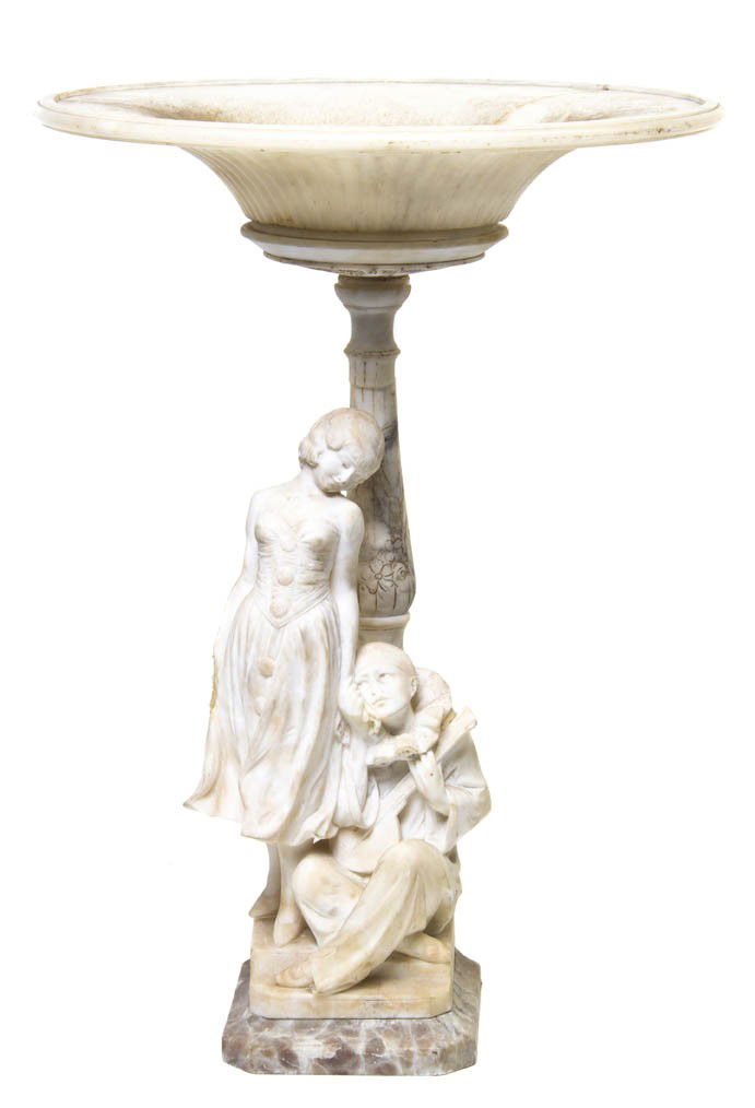An Italian Alabaster Figural Lamp, Height 26 1/2 i: An Italian Alabaster Figural Lamp, depicting a maiden and a harlequin. Height 26 1/2 inches.