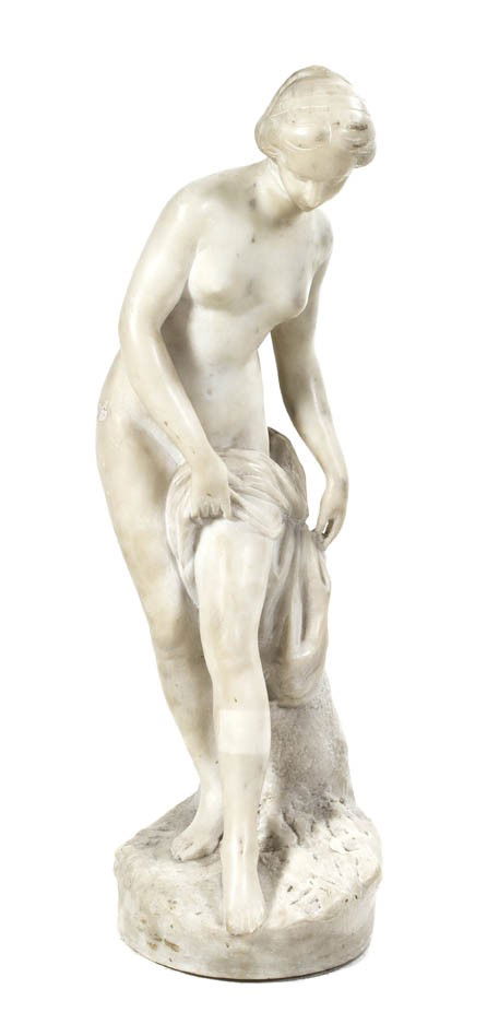 An Italian Alabaster Figure, Height 23 1/4 inches.: An Italian Alabaster Figure, depicting a nude maiden at her bath. Height 23 1/4 inches.