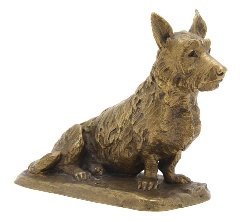 A Continental Bronze Figure, P. Tourgueneff, Widt: A Continental Bronze Figure, P. Tourgueneff, depicting a recumbent terrier, having a Sous Freres foundry mark. Width 9 1/2 inches.