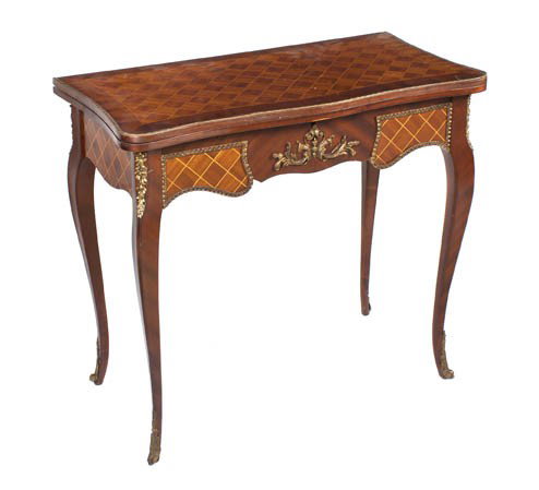 A Spanish Louis XVI Style Parquetry and Gilt Meta: A Spanish Louis XVI Style Parquetry and Gilt Metal Mounted Games Table, having a shaped rectangular top opening to a felt-lined games surface. Height 29 1/2 x width 33 x depth 17 inches closed.