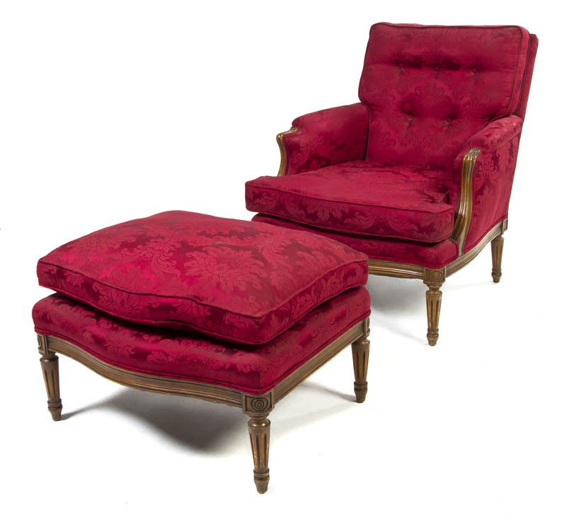 A Louis XVI Style Chaise, Height 33 1/2 inches.: A Louis XVI Style Chaise, in two parts, comprising a bergere and a conforming ottoman, each raised on tapering fluted legs. Height 33 1/2 inches.
