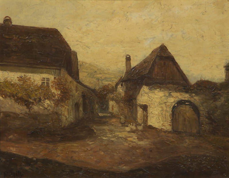 K. Hills, (Continental School), Village Courtyard: K. Hills (Continental School) Village Courtyard oil on canvas signed K. Hills (lower left) 16 3/4 x 20 /4 inches.
