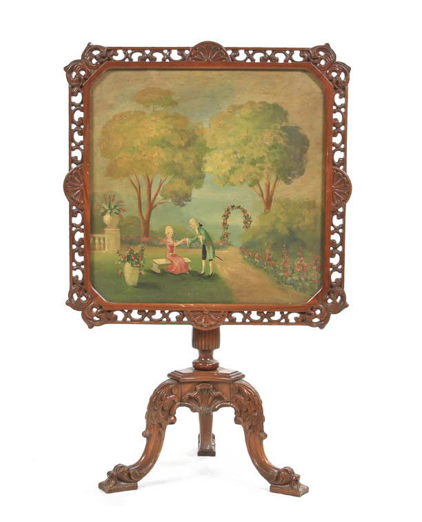 A Painted Tilt-Top Tea Table, Height 28 1/2 x wid: A Painted Tilt-Top Tea Table, the square top with pierce carved border centered with a scene depicting a courting couple, raised on a carved tripod base. Height 28 1/2 x width 25 1/2 x depth 25 1/2 in