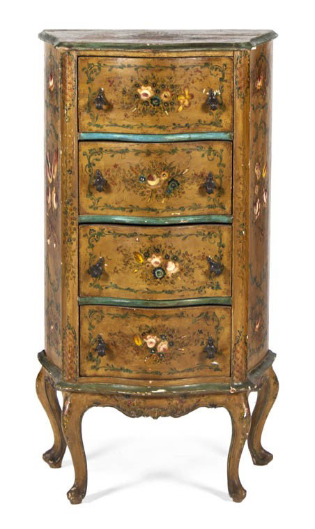 An Italian Painted and Parcel Gilt Chest of Drawe: An Italian Painted and Parcel Gilt Chest of Drawers, having a shaped front and polychrome floral decoration throughout, the four conforming drawers with shaped metal pulls, raised on cabriole legs. He