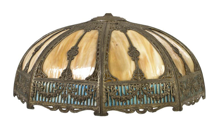 A Neoclassical Slag Glass Fixture, Diameter 19 in: A Neoclassical Slag Glass Fixture, of domed hexagonal form with cast metal overlays. Diameter 19 inches.