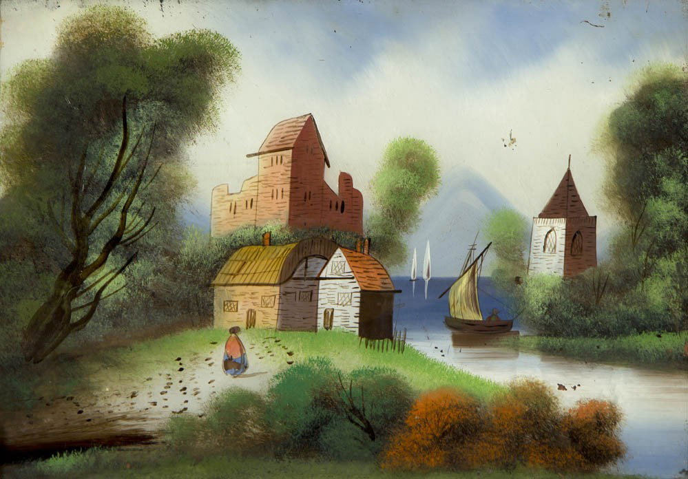 Artist Unknown, (20th century), Harbor Scene: Artist Unknown (20th century) Harbor Scene oil on glass 16 x 24 inches.