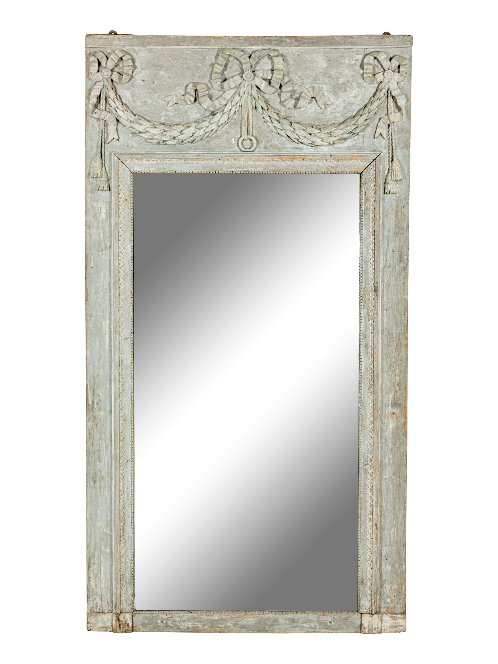 A Louis XVI Grey-Painted and Carved Trumeau: A Louis XVI Grey-Painted and Carved Trumeau Late 18th Century adapted from a boiserie panel, the mirror plate later. † Height 72 1/2 x width 39 1/2 inches. This lot is located in Palm Beach.