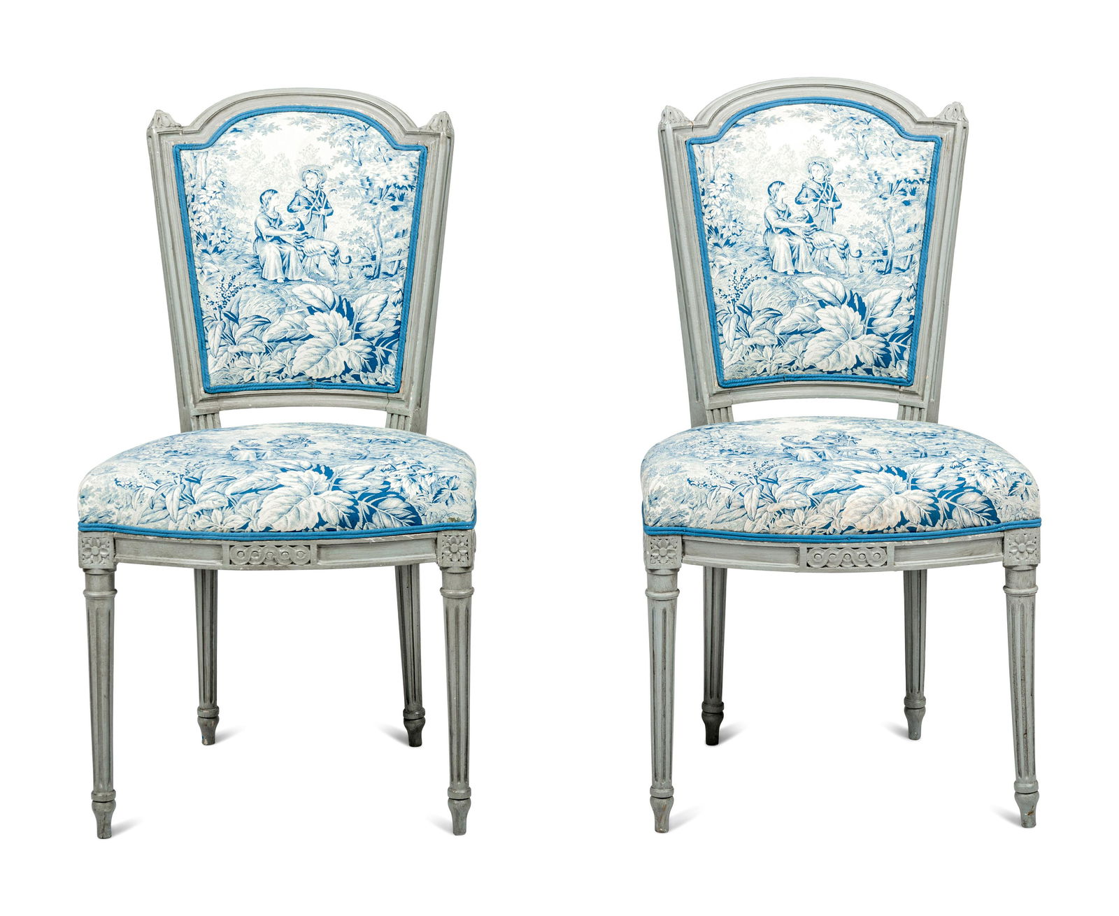 A Pair of Louis XVI Grey-Painted Chaises: A Pair of Louis XVI Grey-Painted Chaises Circa 1780 Height 35 1/4 x width 18 1/2 x depth 17 inches. This lot is located in Palm Beach.