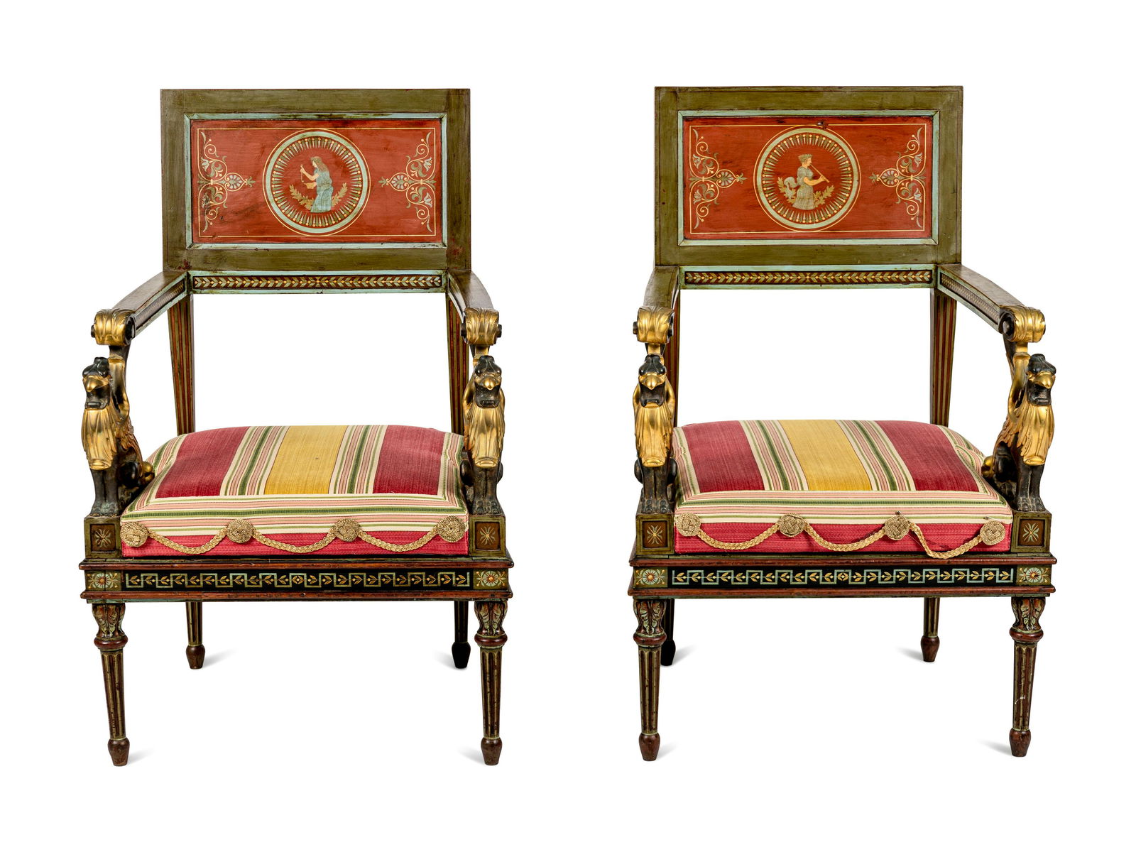 A Pair of North Italian Neoclassical Bronze Mounted Polychrome Painted Armchairs † (1 of 9)