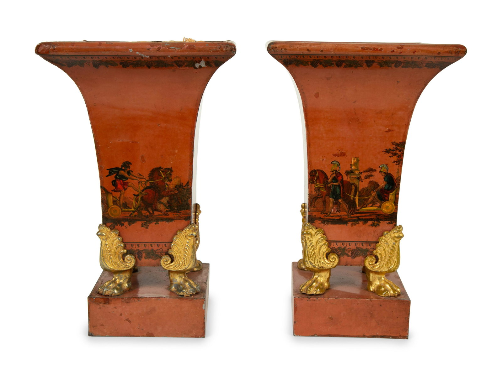 A Pair of French Ta¥le Peinte Vases: A Pair of French Ta¥le Peinte Vases 19th Century with gilt metal paw feet.Height 11 x 6 3/4 inches square at top.
