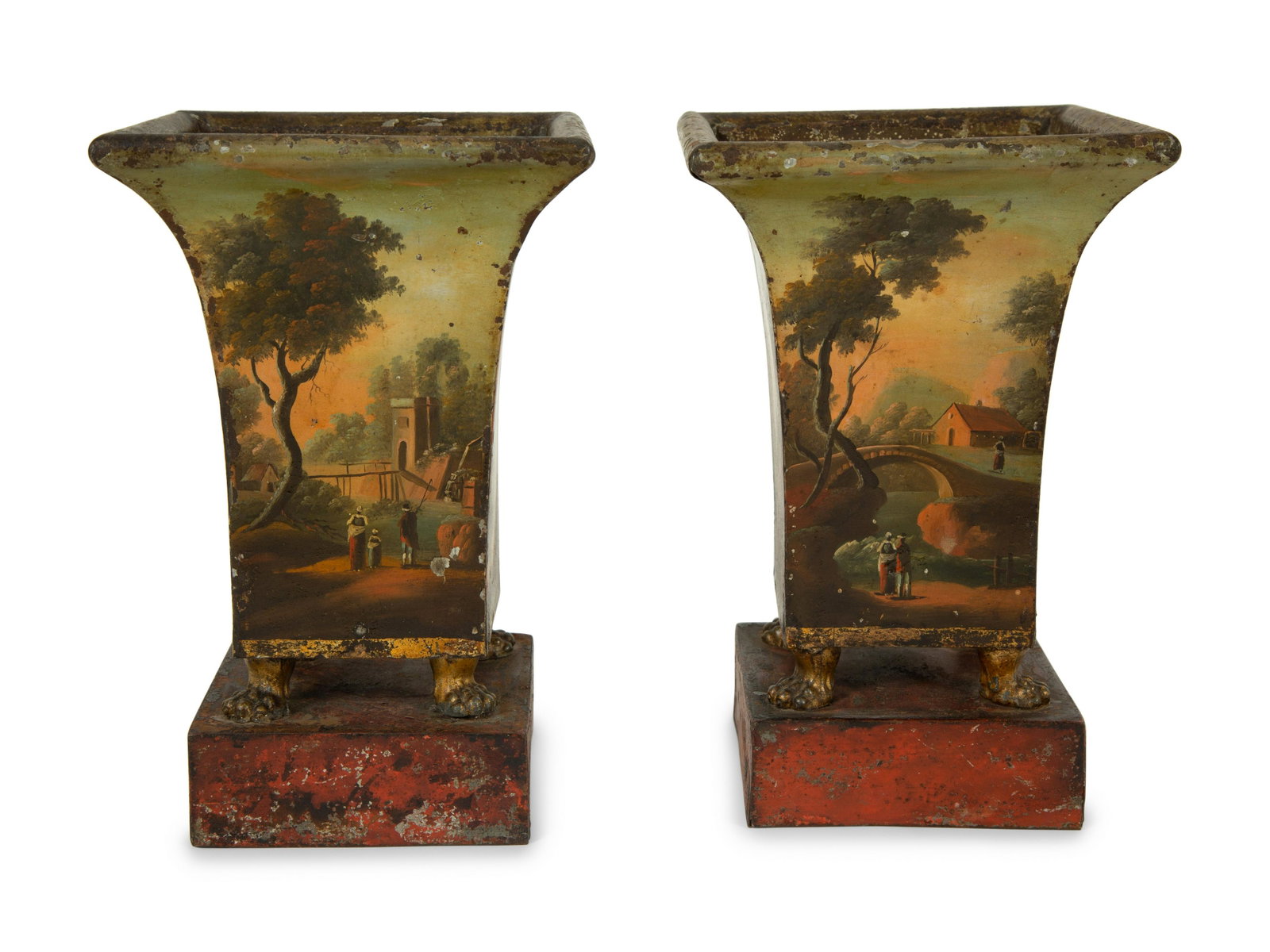 A Pair of French Ta¥le Peinte Vases: A Pair of French Ta¥le Peinte Vases Early 19th Century Height 8 1/4 x 5 1/4 inches square at top. This lot is located in Palm Beach. Provenance: Fremontier, Paris, 21 November 1994 (with copy of 