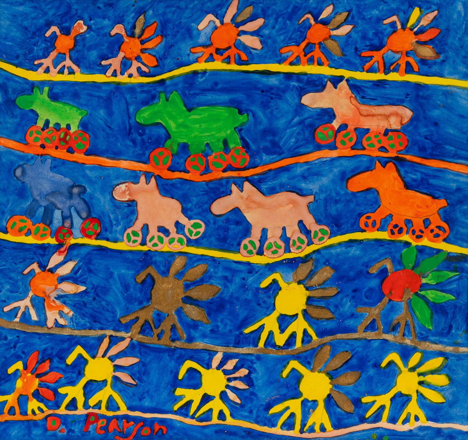 Dennis Pearson (American, b. 1939) 14 Turkeys & 7 Horses, 1971: Dennis Pearson (American, b. 1939) 14 Turkeys & 7 Horses, 1971 watercolor on paper signed D. Pearson, titled and dated 13 x 13 inches. This lot is located in Chicago.