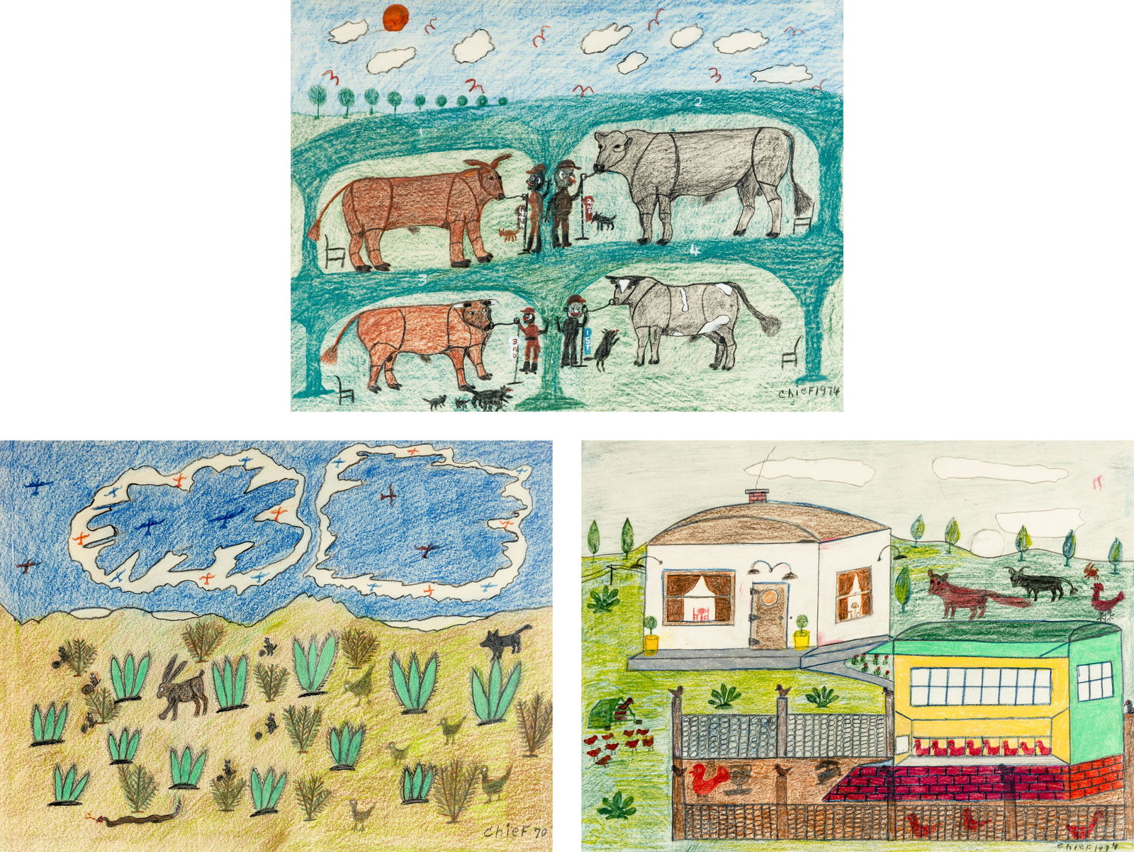 Chief Wiley (American, 1887-1980) Untitled (Chicken Coop), 1970, Untitled (Tending Cattle), 1974 and (1 of 15)