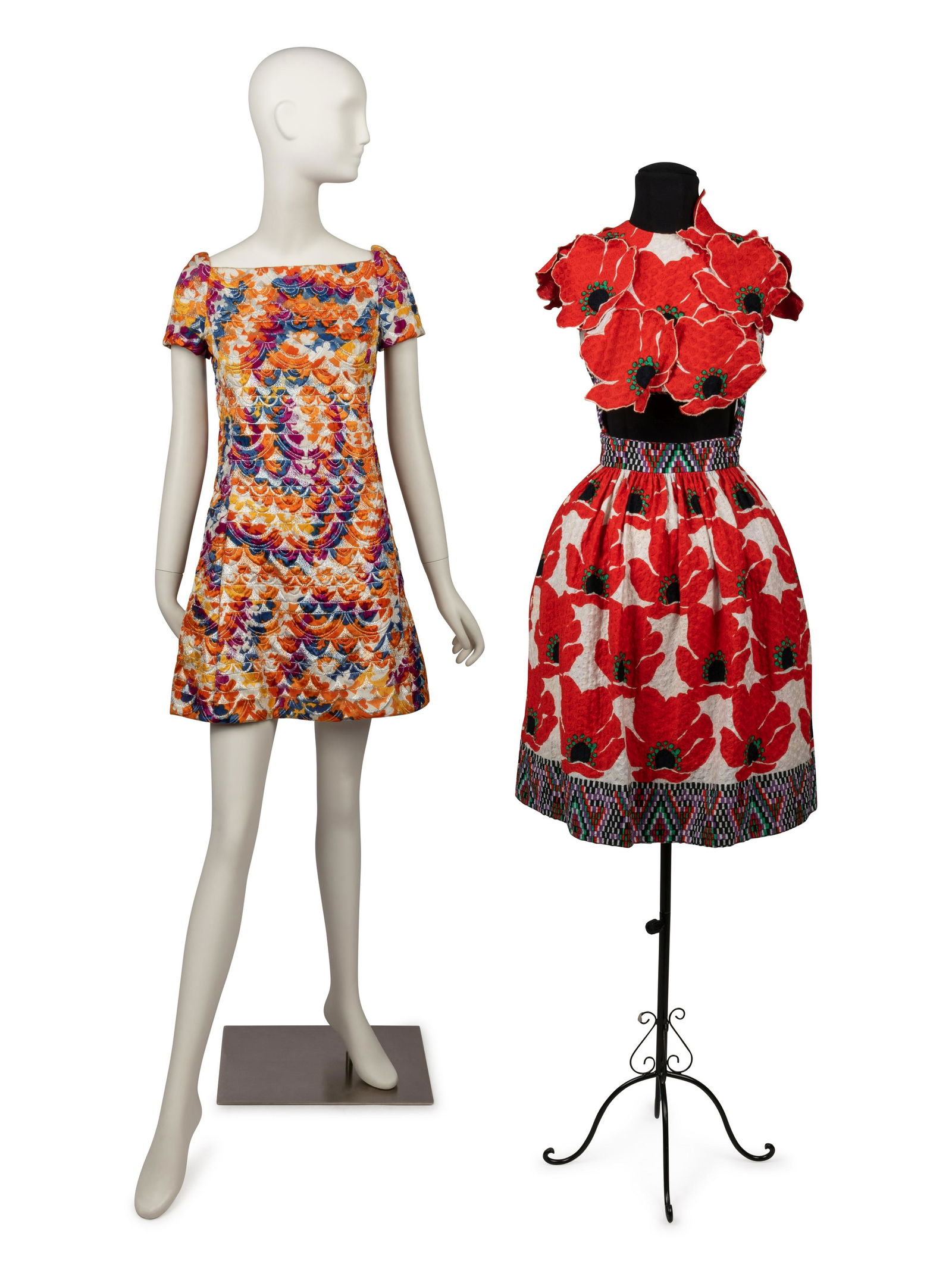 Two Dresses: Malcolm Starr and Donald Brooks, 1960s: Two Dresses: Malcolm Starr and Donald Brooks, 1960s This lot contains two dresses. THE FIRST A-line dress with a fancy weave and print in silver metallic thread, orange, purple, blue, yellow, and whit