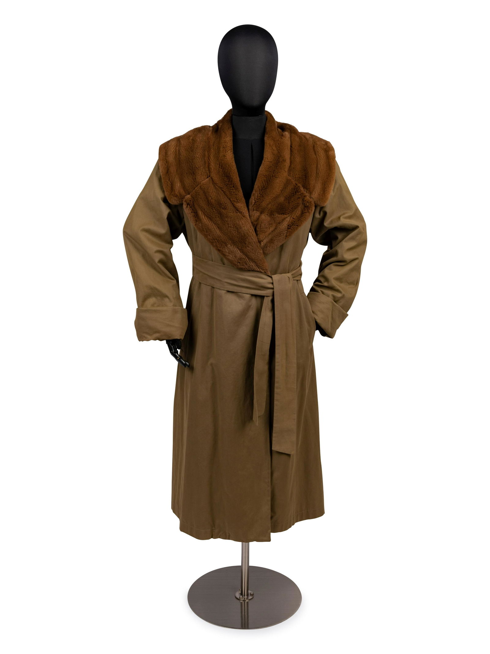 Jil Sander Fur Trimmed Coat, 1990s: Jil Sander Fur Trimmed Coat, 1990s Cotton coat with oversized peaked lapel made of sheared mink, one button closure at the front of the coat with self belt. Label: Jil Sander Size Label: 34 Style/Seri