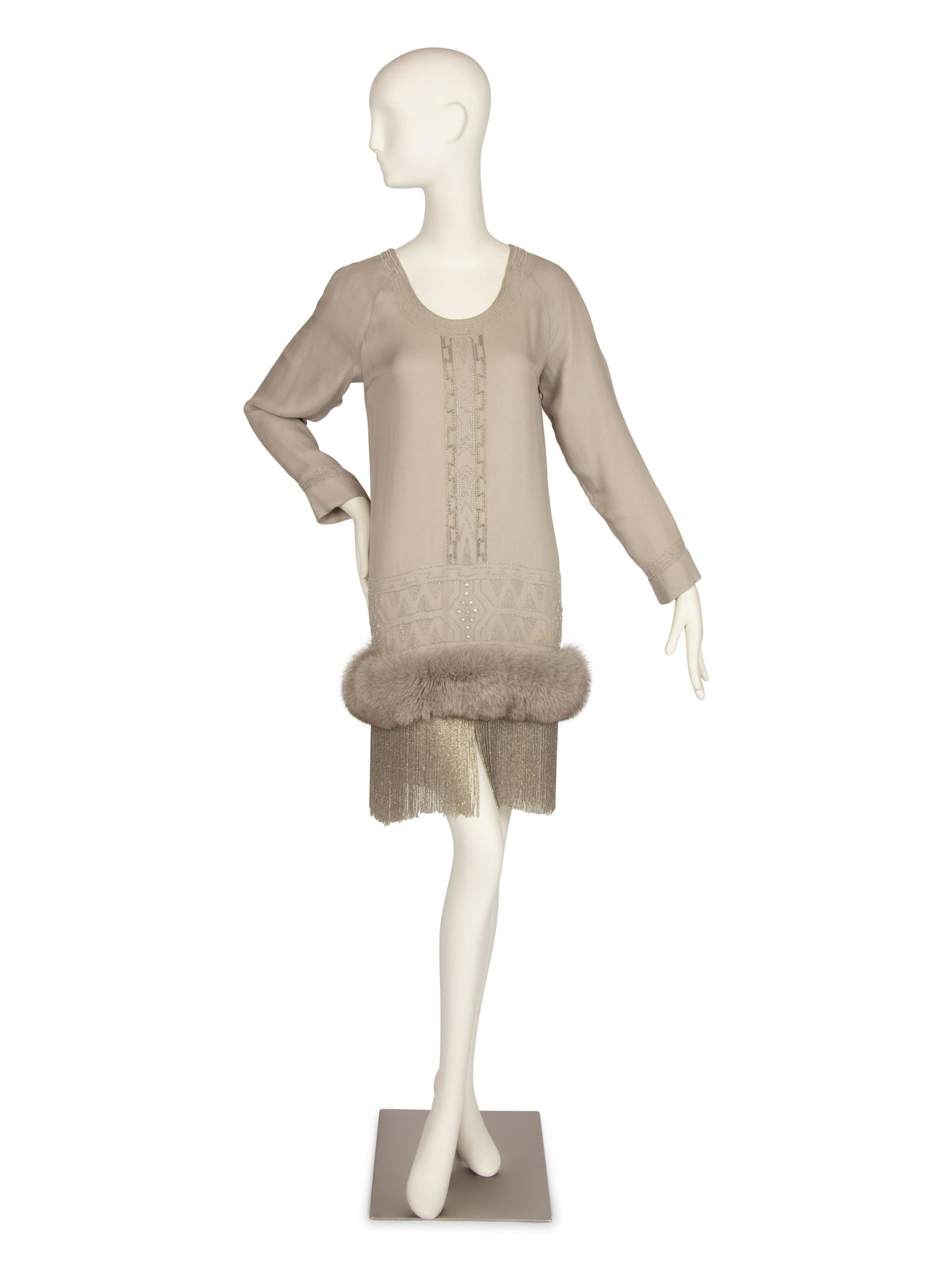 J. Mendel Silk Dress with Beading and Fox Fur Trim, 1990-2000s (1 of 4)