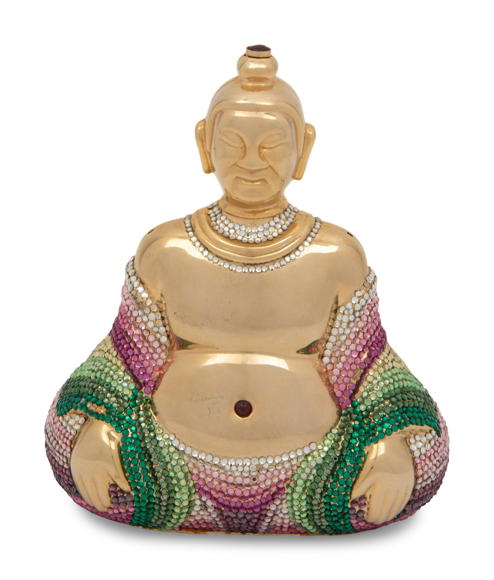 Judith Leiber Buddha Minaudière: Judith Leiber Buddha Minaudière Buddha minaudière encrusted with pink, purple, green and clear crystals with red colored stones on a gold-tone metal frame with gold leather lining, a retract