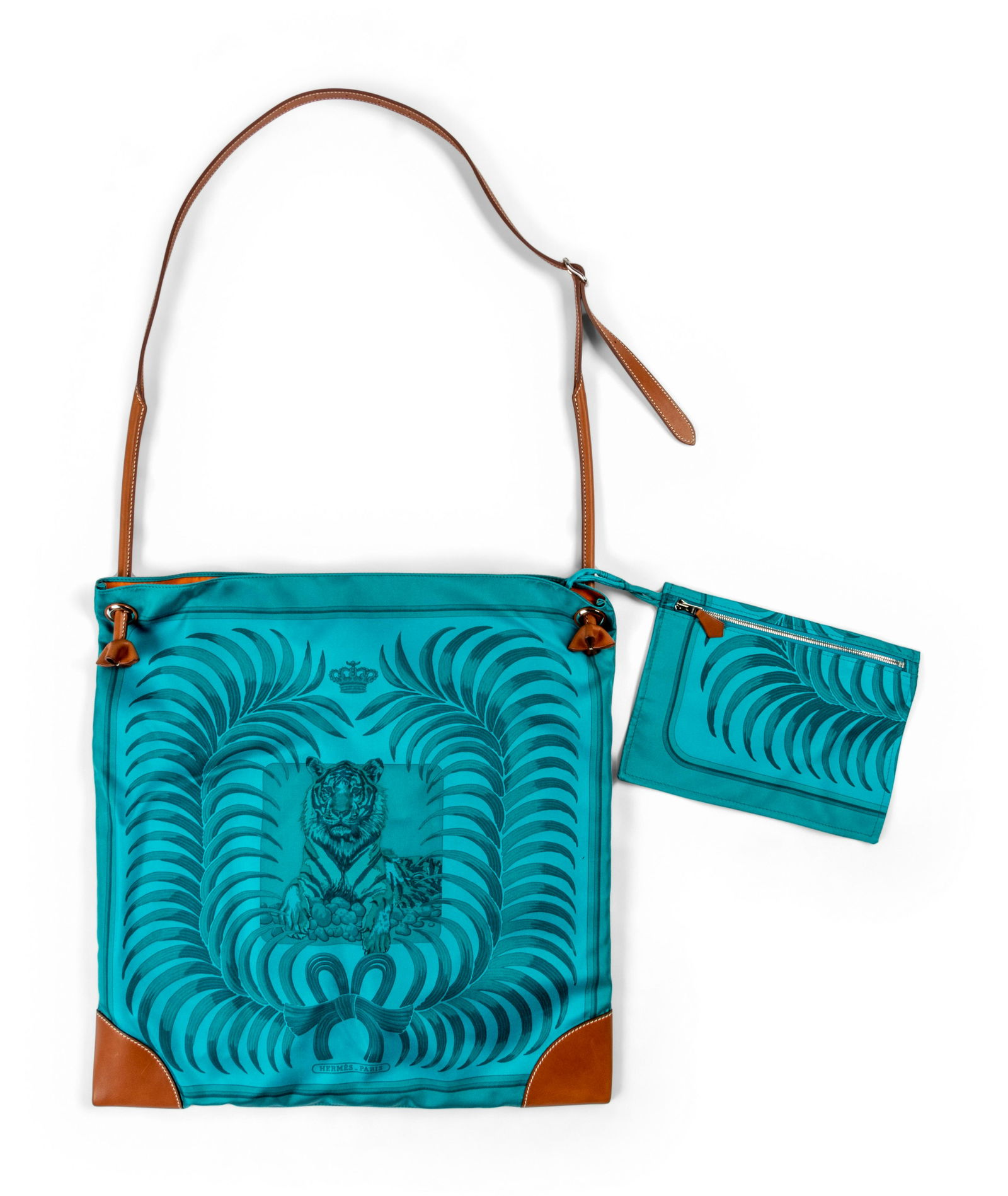 Hermès Printed Tiger City PM Bag, 2014: Hermès Printed Tiger City PM Bag, 2014 Blue silk bag with tiger pattern, light brown leather adjustable shoulder strap, one main interior compartment with attached zippered pouch, and weighed clo