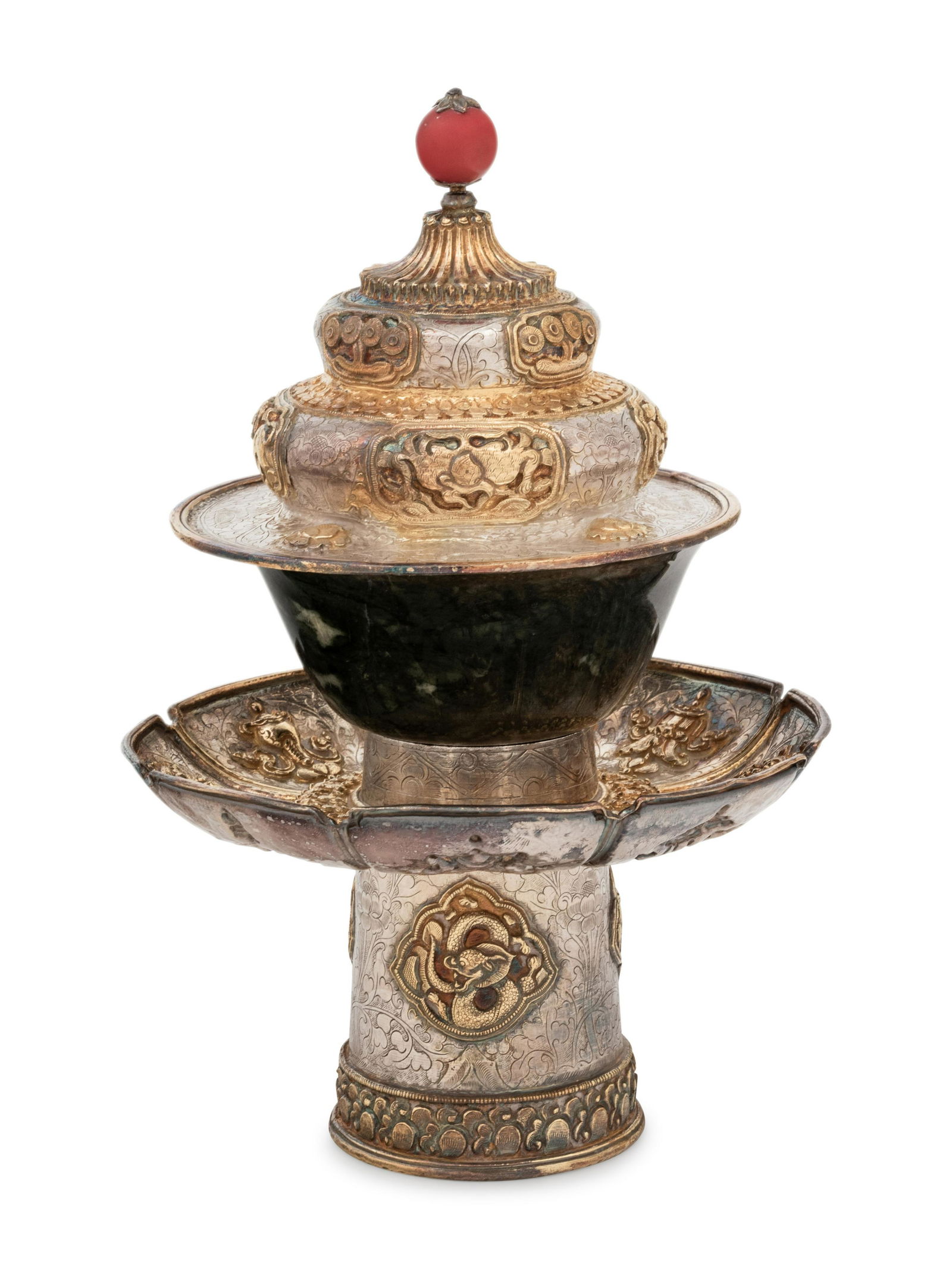 A Tibetan Silver and Spinach Jade Tea Set (1 of 4)