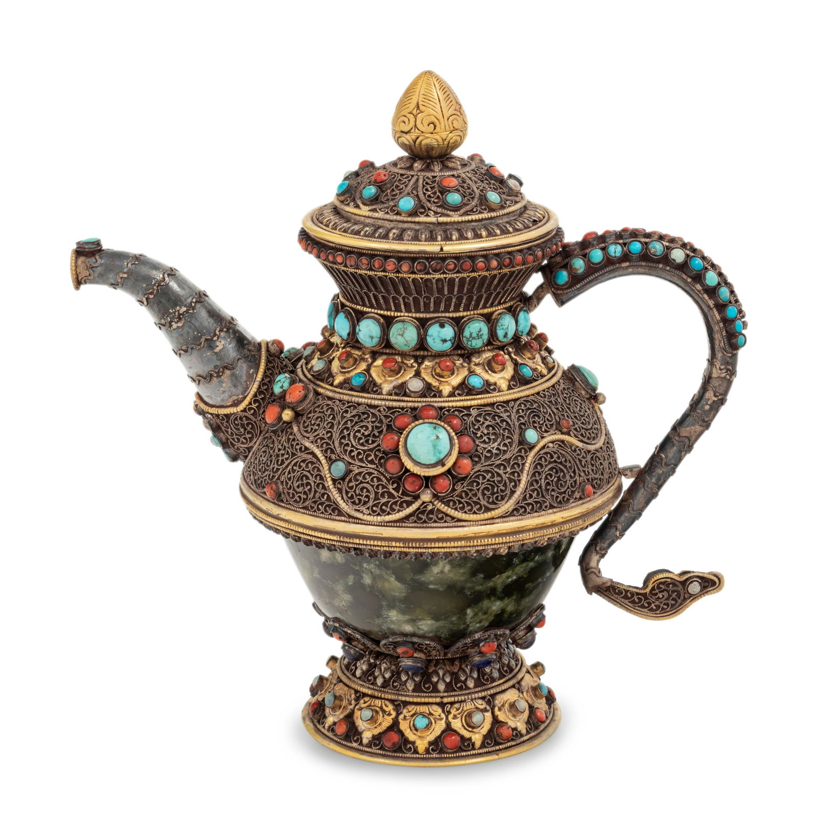 A Tibetan or Himalayan Hardstone Mounted Silver Teapot (1 of 5)