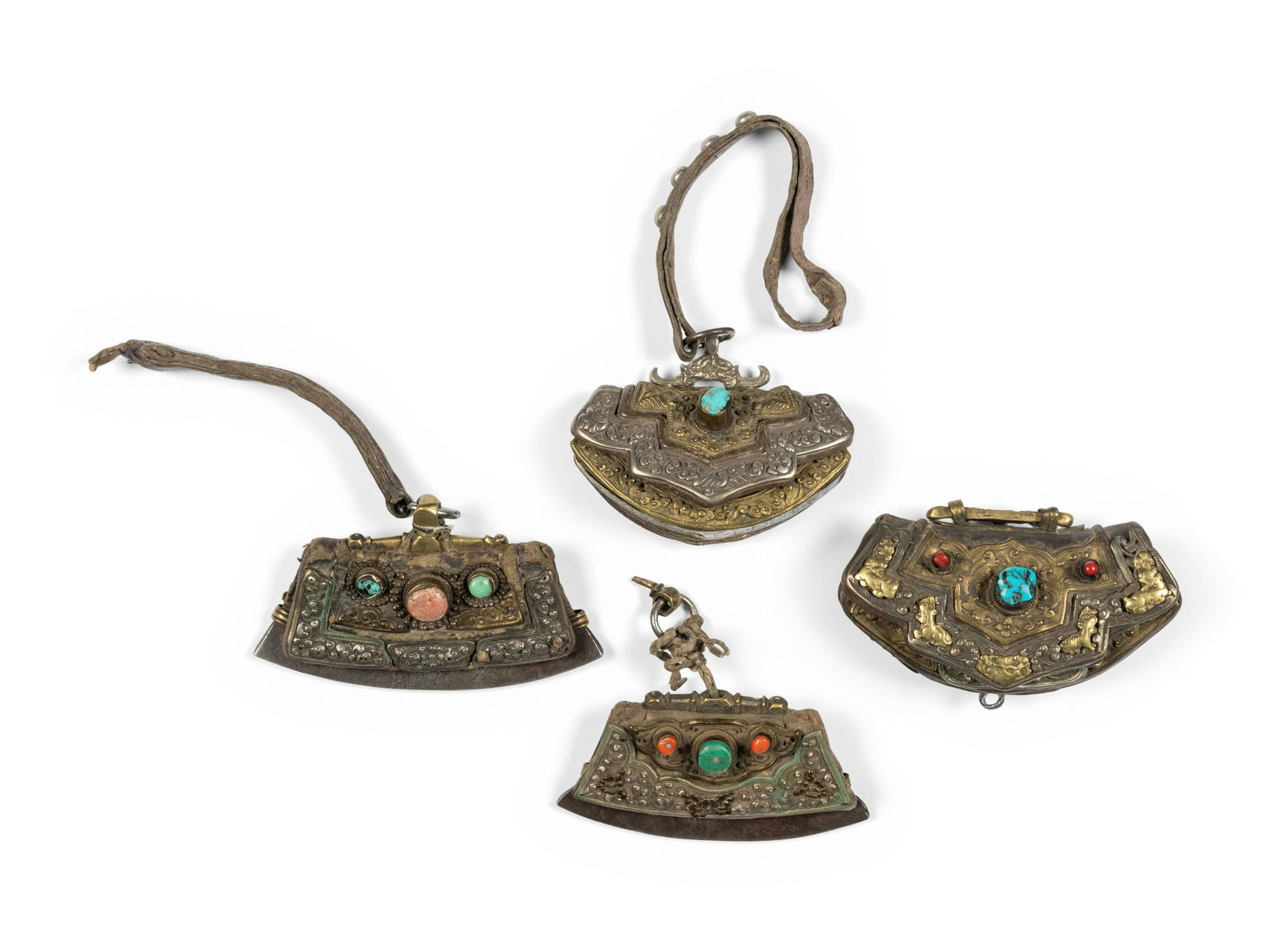 Four Tibetan Silver and Leather Pouches (1 of 8)