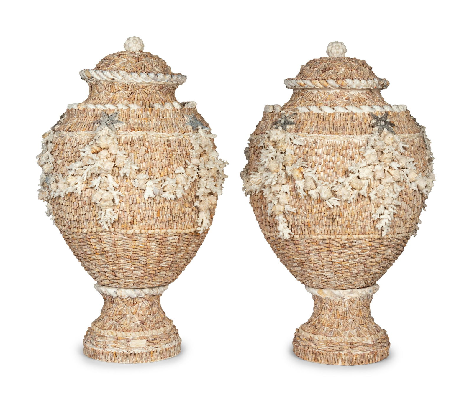 A Pair of Shell-Encrusted Baluster-Form Urns and Covers (1 of 6)