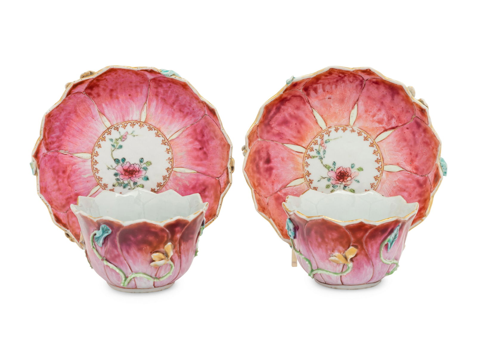 A Pair of Chinese Export Famille Rose 'Lotus' Porcelain Tea Bowls and Saucers (1 of 4)