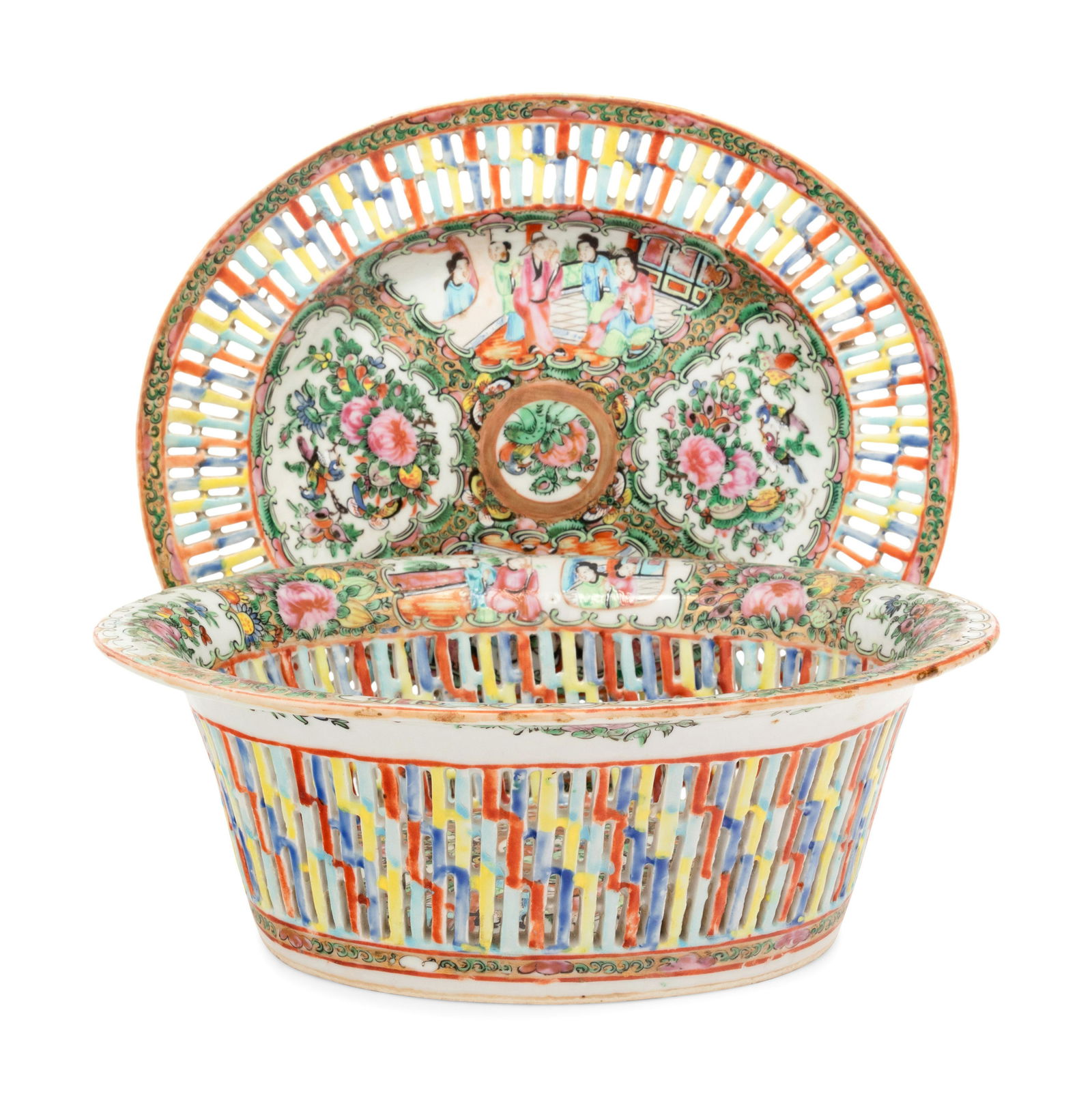 A Chinese Export Rose Medallion Porcelain Basket and Underplate (1 of 4)